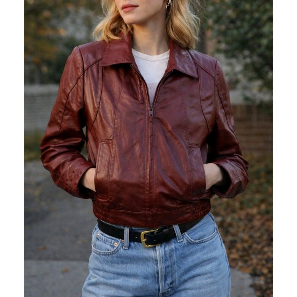 Vintage 80s Oxblood Leather Bomber Jacket Cropped Moto Wilsons - Picture 16 of 16